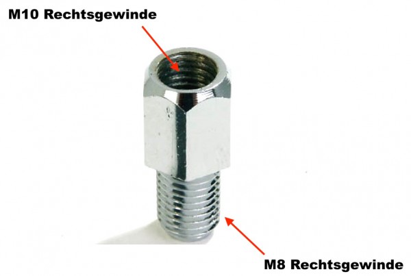 Spiegel Adapter Loch / Innen M10 Rechtsgewinde auf Bolzen / Außen M8 Linksgewinde chrom