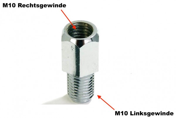 Spiegel Adapter Loch (Innen) M10 Rechtsgewinde auf Bolzen (Außen) M10 Linksgewinde chrom