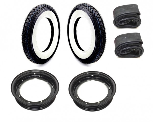 2x Felge Schwarz Weißwand Reifen 3.50 - 10 Zoll für Vespa PK PX ET3 XL