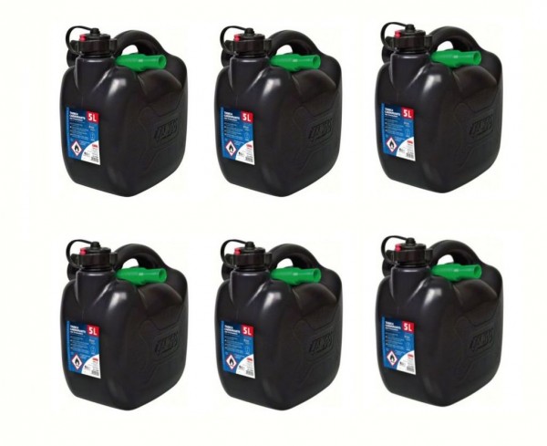 6x Benzinkanister 5L Schwarz Kunststoff Kanister mit UN-Zulassung für Benzin / Diesel