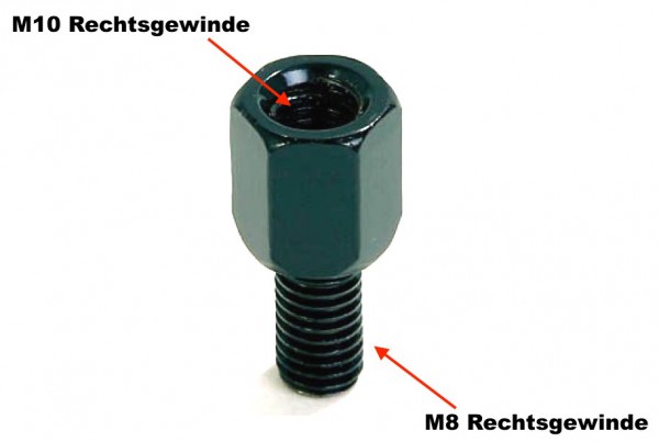 Spiegeladapter Loch (Innen) M10 Rechtsgewinde auf Bolzen (Außen) M8 Rechtsgewinde schwarz