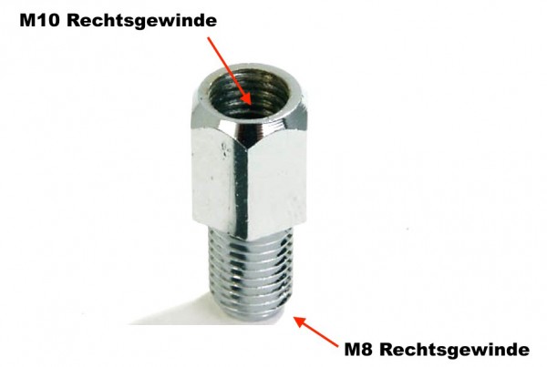 Spiegel Adapter Loch (Innen) M10 Rechts- auf Bolzen (Außen) M8 Rechtsgewinde chrom